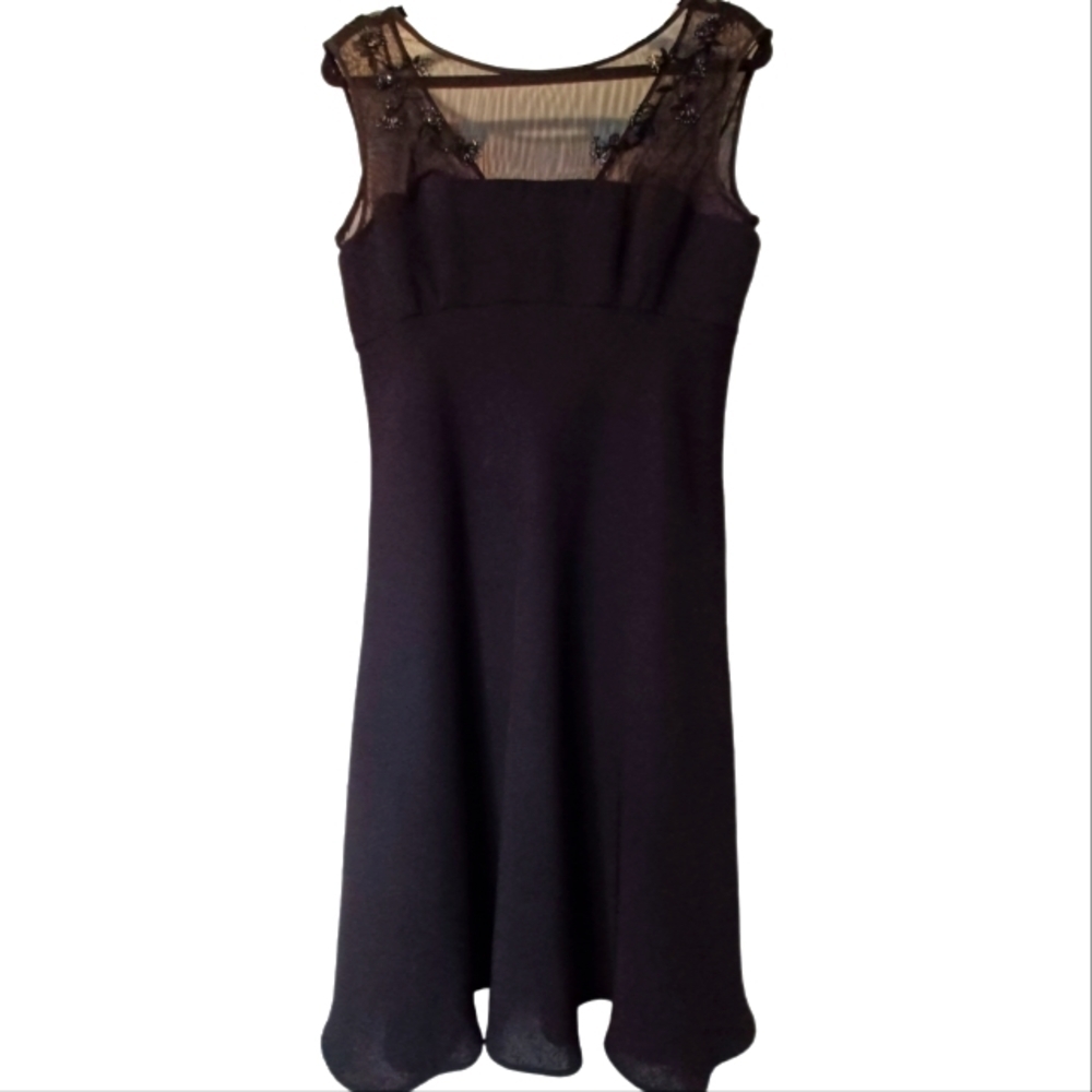 EVAN Picone Black Beaded Illusion Neckline Dress